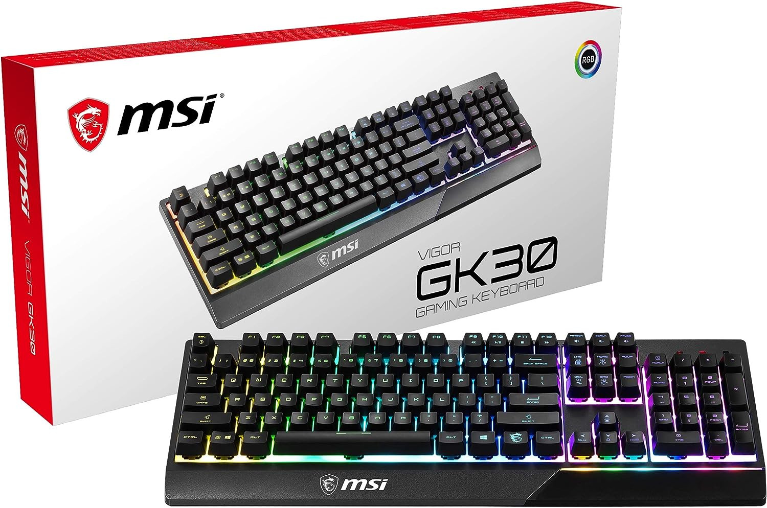 MSI Vigor GK30 RGB Gaming Keyboard, 6-Zone RGB Lighting, Water Repellent & Splash-Proof, Mechanical-Like Plunger Switches, Black